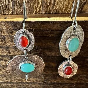Boho Hippie Western Turquoise & Coral Stone Delicate Silver Drop Wire Earrings,